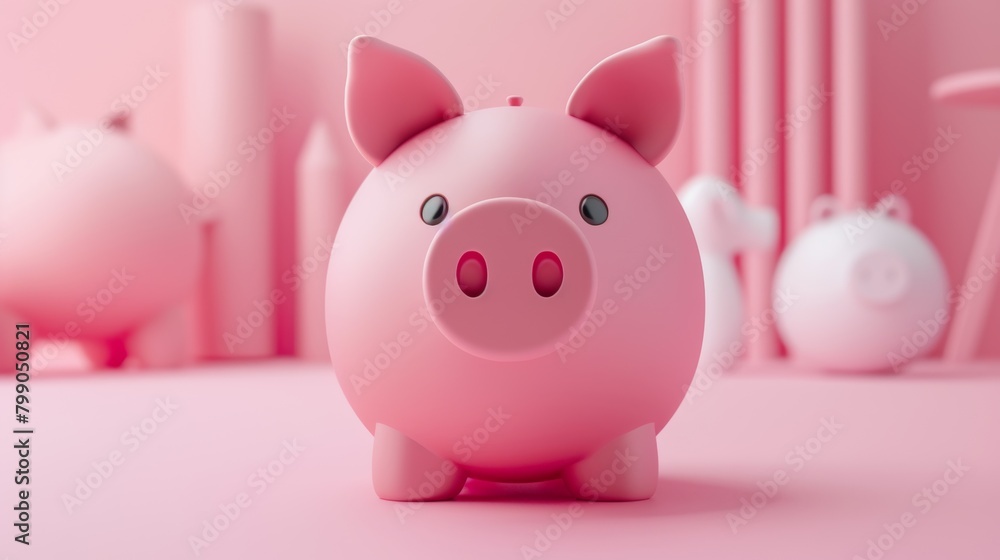 Glossy pink piggy bank on a minimalist pink and white background for saving concept Glossy pink piggy bank on a minimalist pink and white background for saving concept