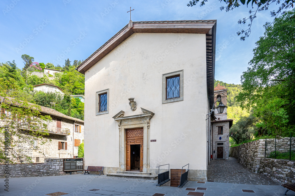 The medieval church of Santa Croce della Foce in Gubbio , Umbria , Italy, facade and exterior 