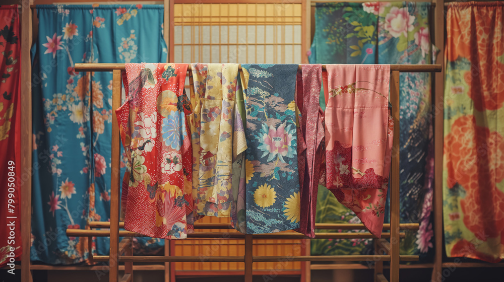 Colorful kimonos with various floral patterns are neatly displayed in a traditional Japanese interior on wooden racks