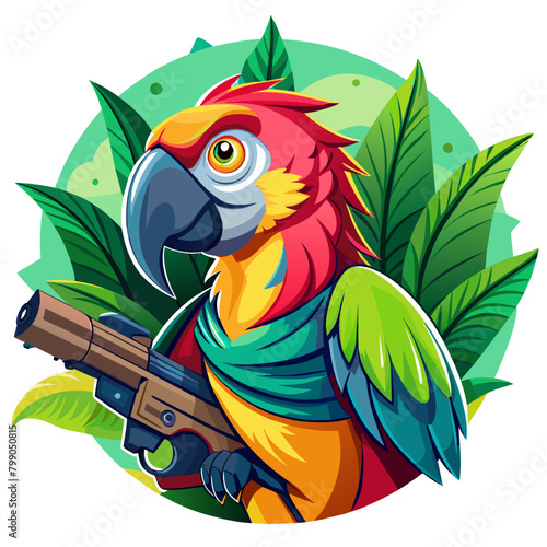 Vibrant parrot holding a sleek gun, capturing the juxtaposition of nature and weaponry