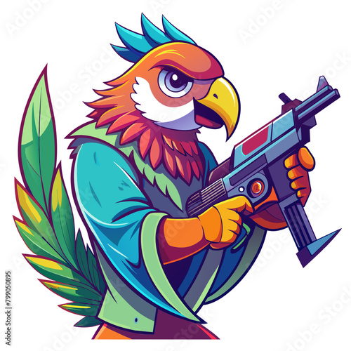 Vibrant parrot holding a sleek gun, capturing the juxtaposition of nature and weaponry