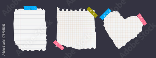 Torn notebook papers with colorful shape sticky tapes isolated on dark background. Retro school paper scraps and ripped elements. Trendy vector design elements for poster, flyer, banner, background.