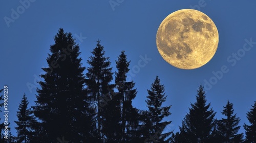 A full moon illuminates the night sky, casting bright light upon a grove of pine trees against a backdrop of blue