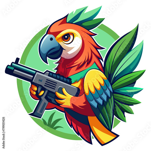 Vibrant parrot holding a sleek gun, capturing the juxtaposition of nature and weaponry