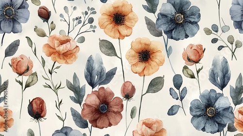 Watercolor floral seamless pattern. Hand-painted delicate flowers and leaves on a light background. Perfect for fabric, wallpaper, and stationery.