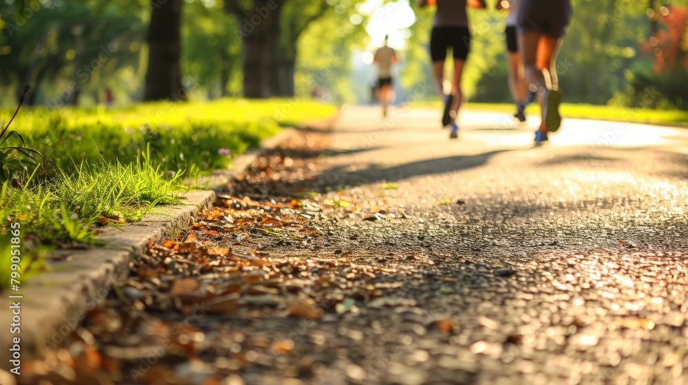 Obraz premium Morning run in sunlit park, focus on the vibrant green grass and pathway. Health and fitness lifestyle.