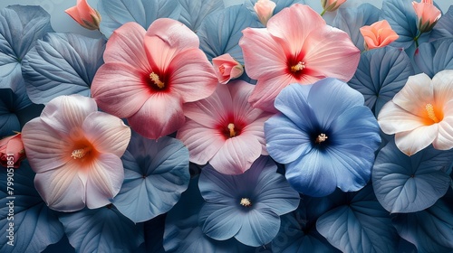   A tight shot of an array of flowers, featuring blue and pink blooms at the center, accompanied by a few more pink and blue flowers therein