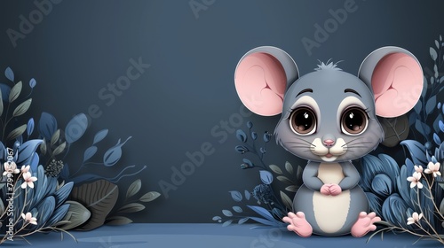   A cartoon mouse sits amidst flowers and leaves in a dark blue forest backdrop Inscribe your message here