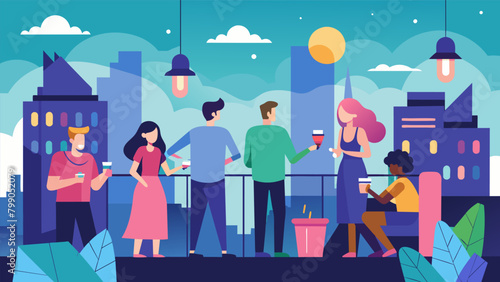 A panoramic view of the city from the rooftop with s of young adults tered around enjoying the festivities and each others company.. Vector illustration