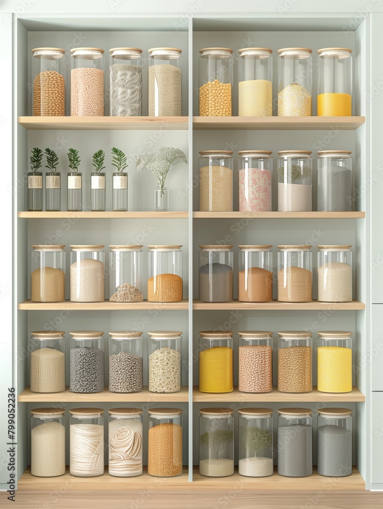 Neatly arranged pantry with clear glass jars on wooden shelves, filled with various dry foods, showcasing an efficient and aesthetic home organization and food storage solution