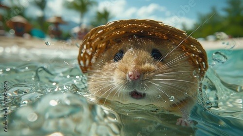  A hamster wearing a straw hat swims in a water pool, its head emerging from the water