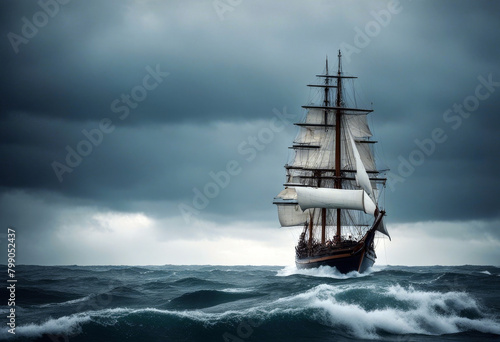 sailing classic adrift day ship stormy adventure ocean waves big travel art generative concept ai wind storm wave float cruise ghost naval mediterranean deck wood