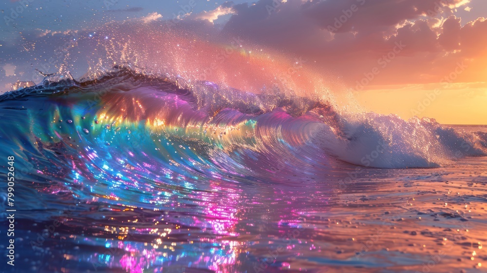 Naklejka premium Rainbow Colored Wave in the Ocean at Sunset