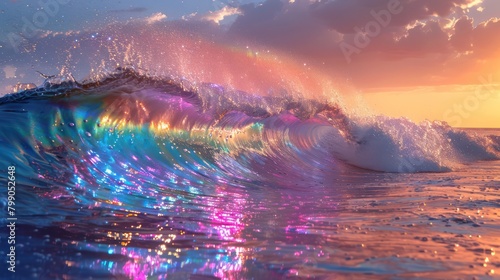 Rainbow Colored Wave in the Ocean at Sunset