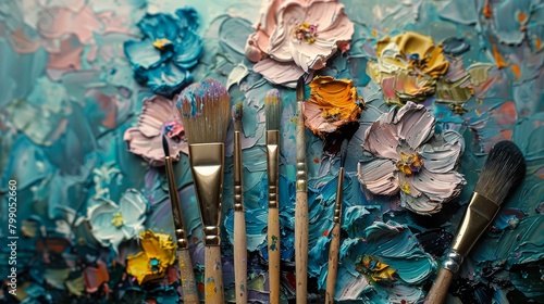   A tight shot of paintbrushes arrayed on a table Behind them, a floral mural adorns the wall photo