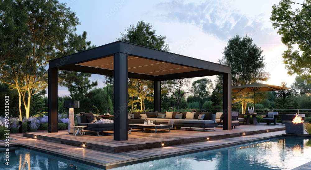 modern black outdoor gazebo with couches and table, pool in front of it, wooden deck floor, trees around, sunset