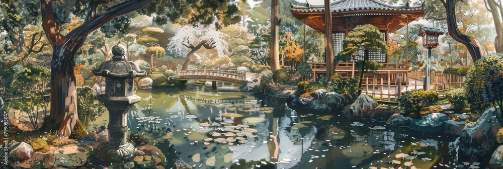 Japanese Spring Garden Landscape Painting, Japan Garden Watercolor Tradition Draw, Copy Space