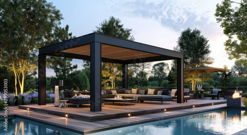 modern black outdoor gazebo with couches and table, pool in front of it, wooden deck floor, trees around, sunset © Kien
