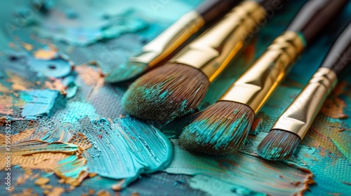  A collection of brushes atop a table, their handles contrasting against a backdrop of blue and gold paint splatters, covering the paper beneath