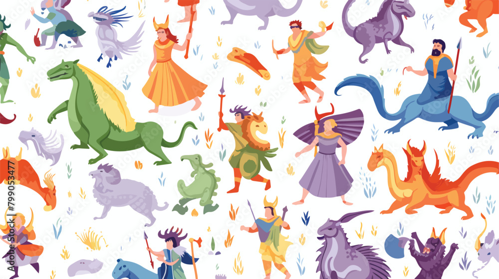 Mythical creatures seamless pattern isolated on whi