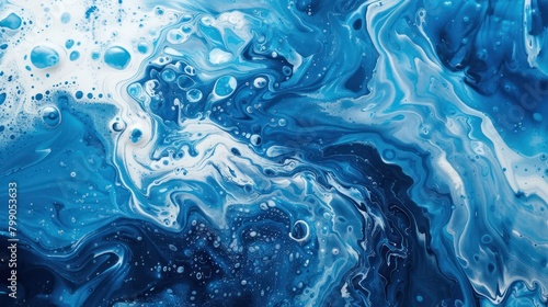 Blue and White Liquid Painting With Bubbles