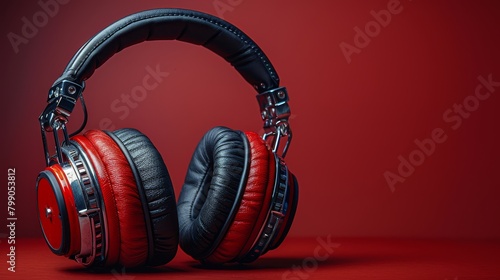   A red surface features a pair of headphones with red earpads and black headband, contrasting against the background of solid red photo
