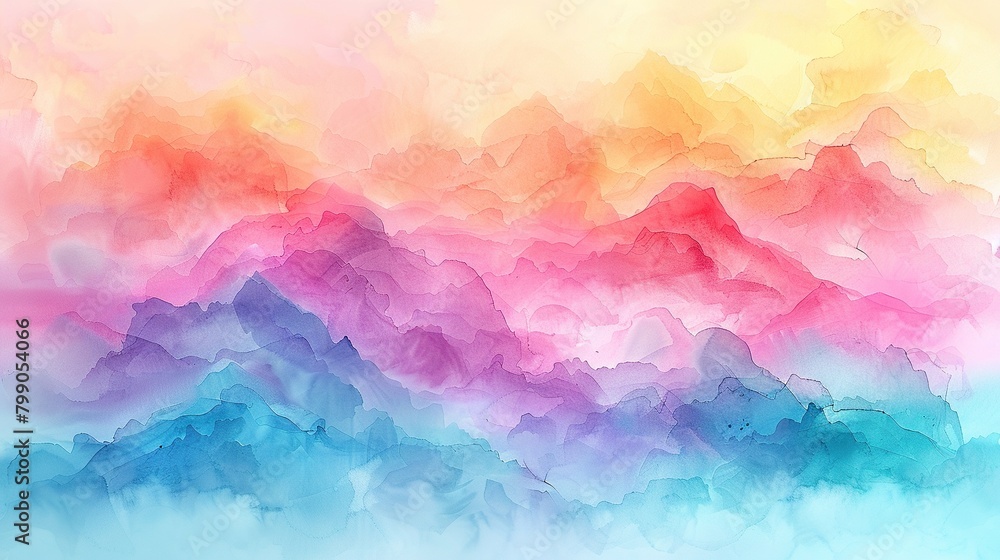 vibrant watercolor painting of a mountain landscape in shades of pink, purple, blue, and yellow