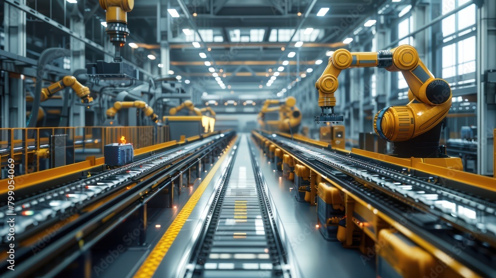 Obraz premium Factory With Conveyor Belt and Robotic Arms