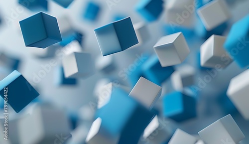 Abstract background with flying blue and white cubes  a motion blur effect. An abstract composition of floating geometric shapes on a light grey backdrop