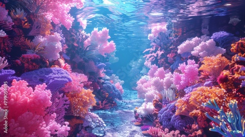 A vibrant underwater scene showcasing a colorful coral reef, illuminated by soft light filtering through the water’s surface, creating a magical atmosphere.