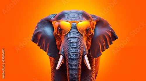 Elephant with sunglasses isolated on orange background. Close-up.