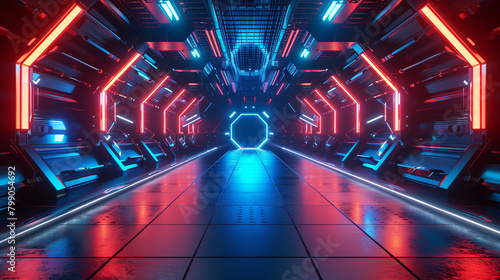 A long  futuristic corridor with bright red and blue lights.