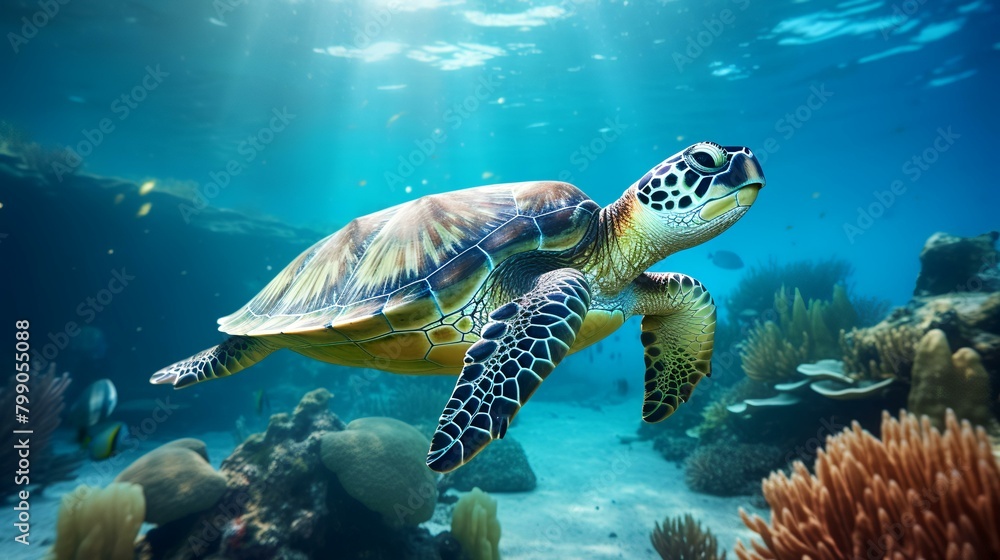 Fototapeta premium Hawaiian Green Sea Turtle (Eretmochelys imbricata) swimming underwater