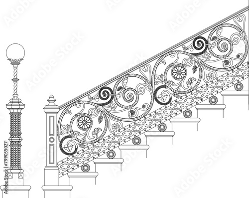 Detailed vector sketch illustration of old classic vintage ethnic traditional stair handrail 4
