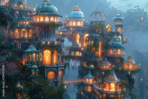 Whimsical concepts envisioning elaborate architecture in magical worlds , super detailed