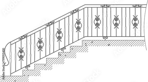 Detailed vector sketch illustration of vintage classic old stair handrail