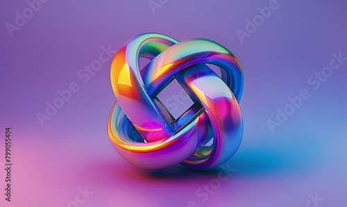  an intricate knot made from intertwined rings in metallic rainbow colors on a purple background