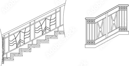Detailed vector sketch illustration of vintage classic old stair handrail