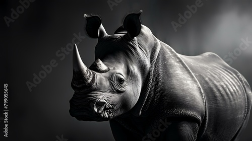 Black and white rhinoceros isolated on black background. Studio shot.