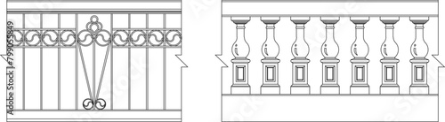 Detailed vector sketch of old vintage classic fence railing illustration