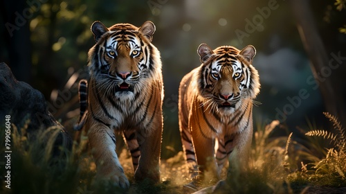 Two Siberian tigers (Panthera tigris altaica) in the forest photo