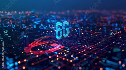 6G network internet mobile wireless business concept with bright digital symbols and speed indicators on city skyline background, double exposure