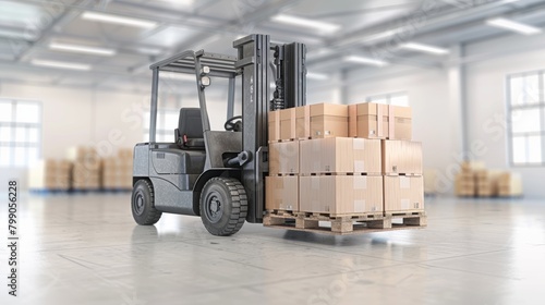 Industrial forklift truck with pallets in a warehouse ready for shipment enhances logistics efficiency © lemoncraft