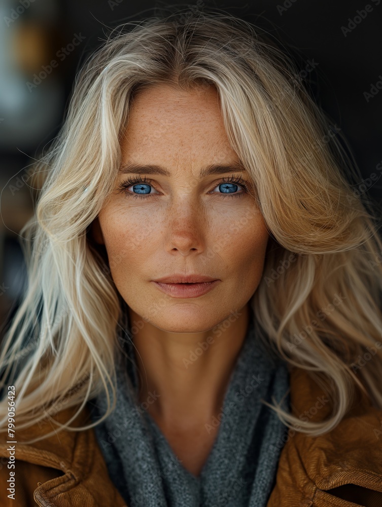 Close-up portrait of a young woman in her twenties with striking blue eyes, freckles, and wavy blonde hair exuding calm confidence