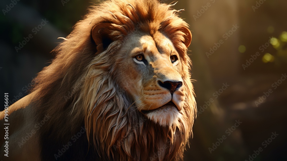 Naklejka premium Portrait of a lion in the sun. Portrait of a male lion.