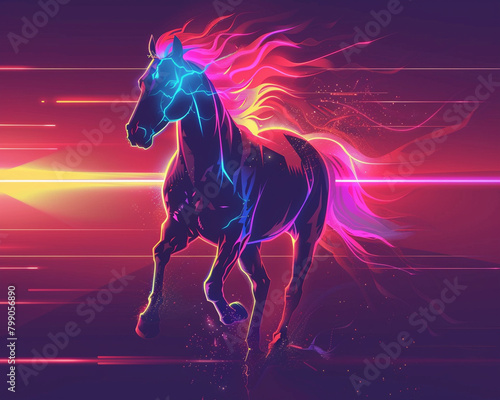 Synthwave horse with blue neon outline, pink and purple mane and tail, and glowing hooves running at night.