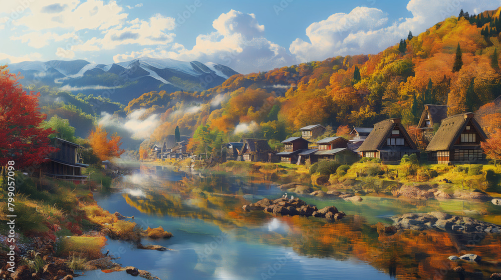 A picturesque autumn scene of a quaint village nestled by a river, surrounded by trees with vibrant fall foliage