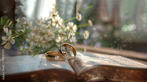 Two gold wedding rings on open bible with flowers in the background