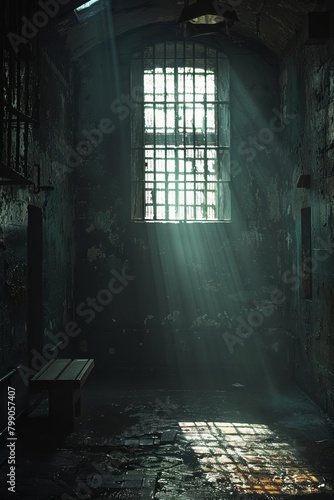 A jail cell interior at night, a single light casting shadows over sparse furnishings, highlighting the harsh conditions