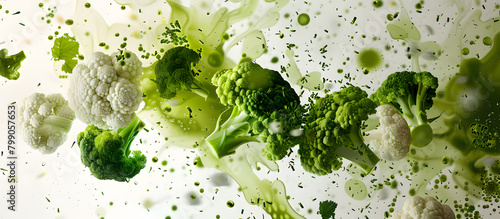 
Flavor explosion of fresh broccoli and cauliflower on white surface. Dynamic composition. 
vegetables in motion
 photo